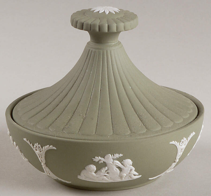 Cream Color on Celadon Jasperware Powder Box with Lid by Wedgwood-1