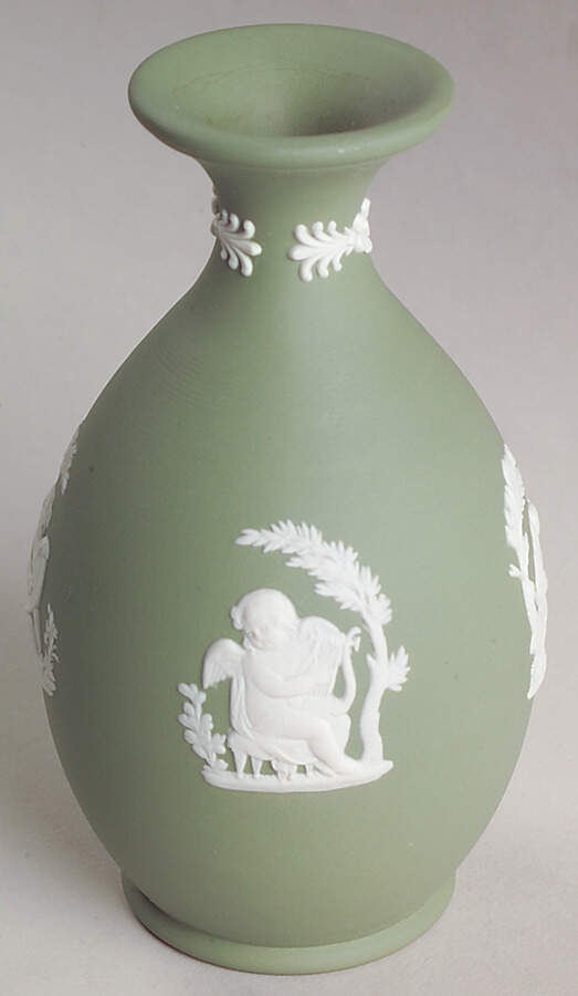 Cream Color on Celadon Jasperware Arcadian Bud Vase by Wedgwood-1