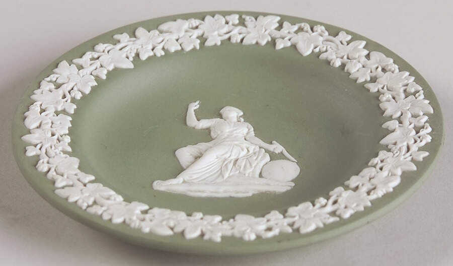 Cream Color on Celadon Jasperware 4" Round Tray by Wedgwood-1