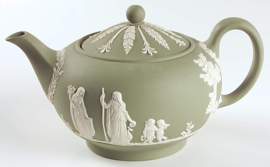Cream Color on Celadon Jasperware Teapot & Lid by Wedgwood-1