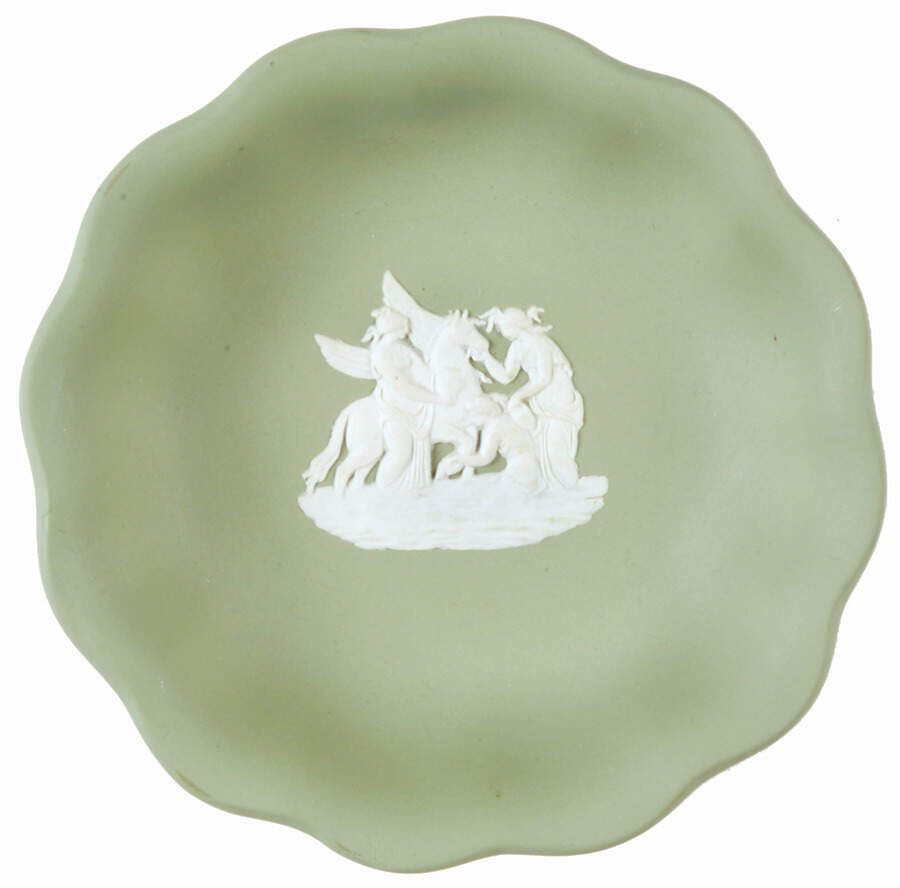 Cream Color on Celadon Jasperware 3" Round Sweet Dish by Wedgwood-1