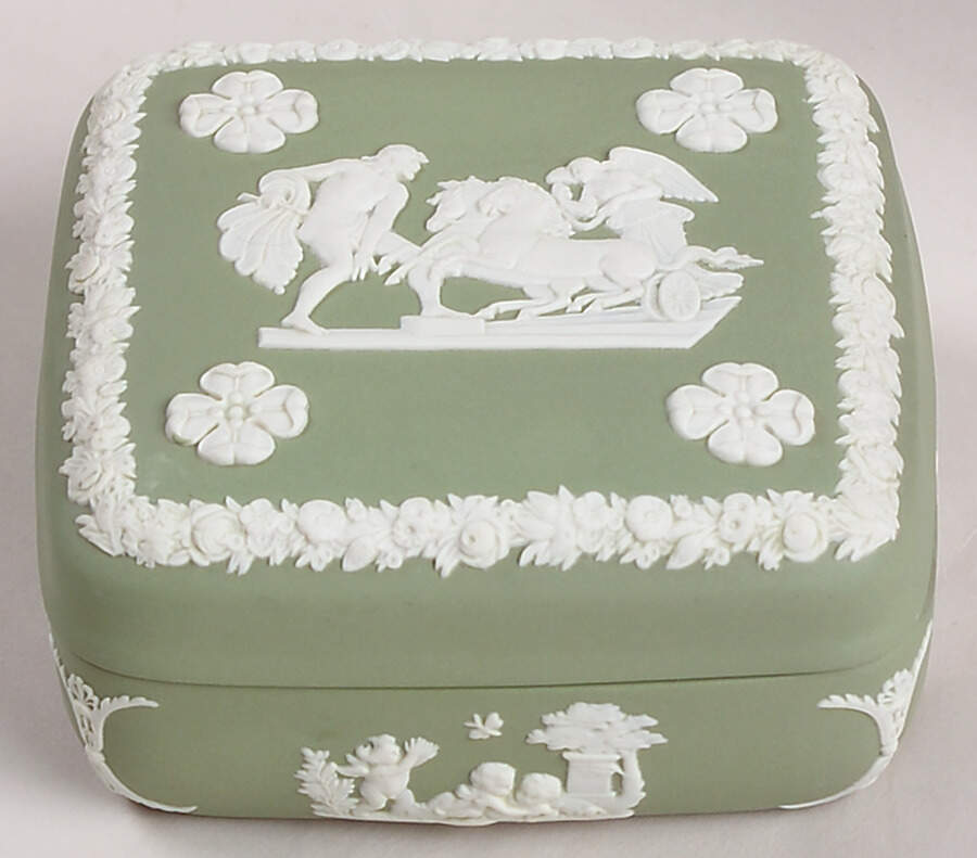 Cream Color on Celadon Jasperware Square Box with Lid by Wedgwood-1