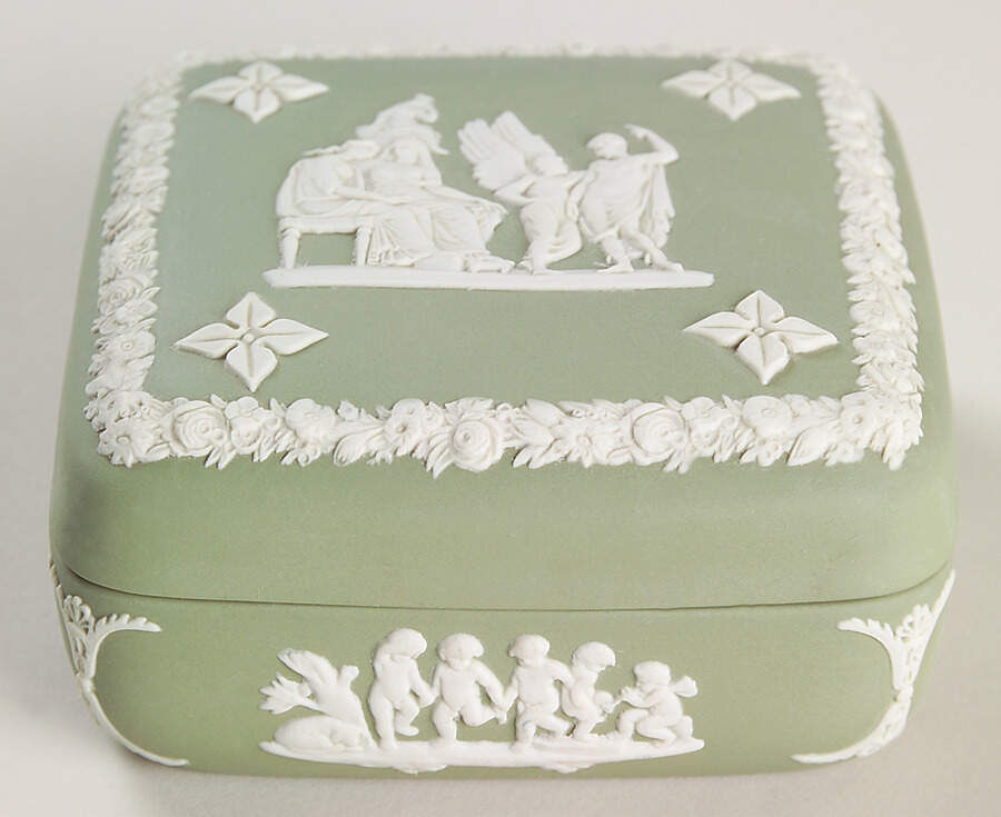 Cream Color on Celadon Jasperware Square Box with Lid by Wedgwood-1