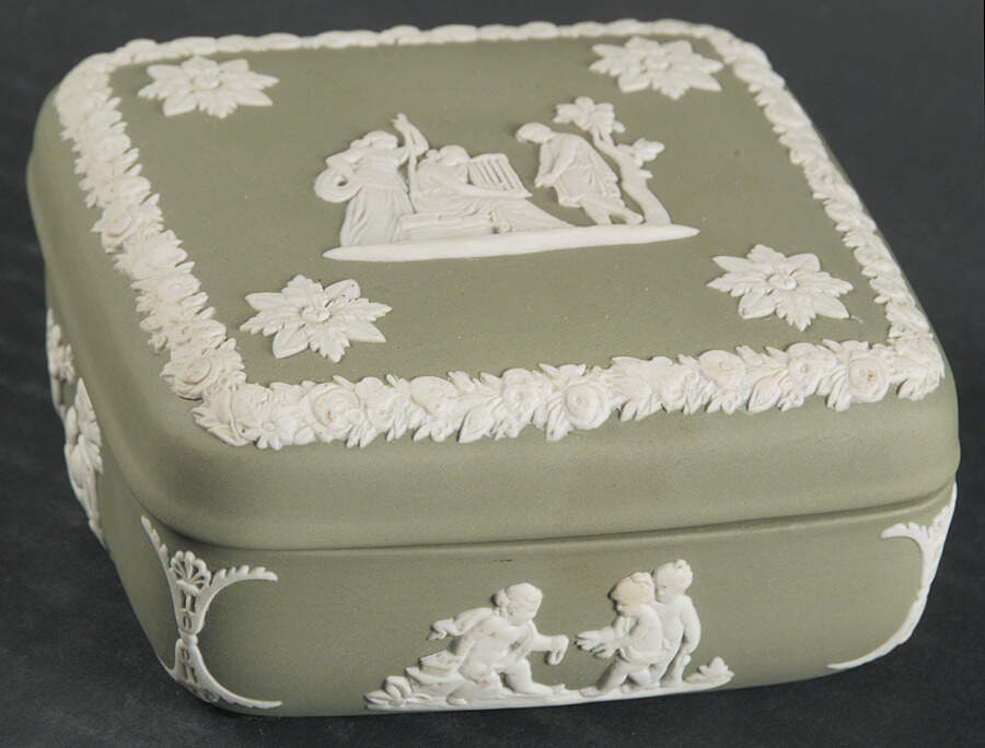 Cream Color on Celadon Jasperware Square Box with Lid by Wedgwood-1