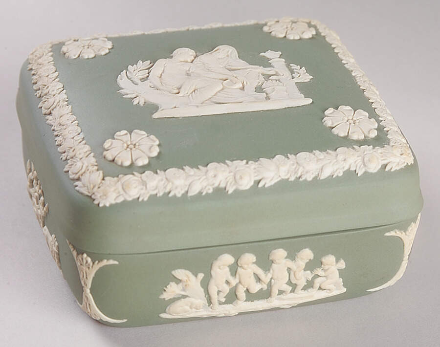 Cream Color on Celadon Jasperware Square Box with Lid by Wedgwood-1