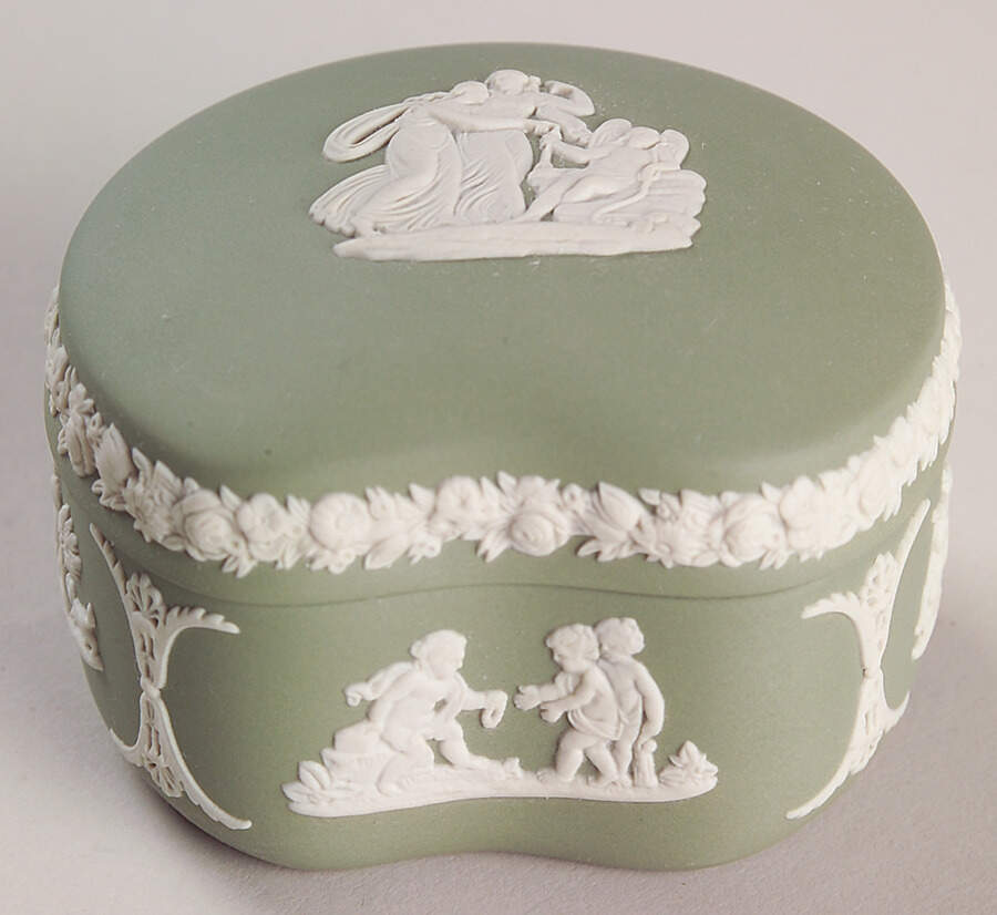 Cream Color on Celadon Jasperware Bean Box & Lid by Wedgwood-1
