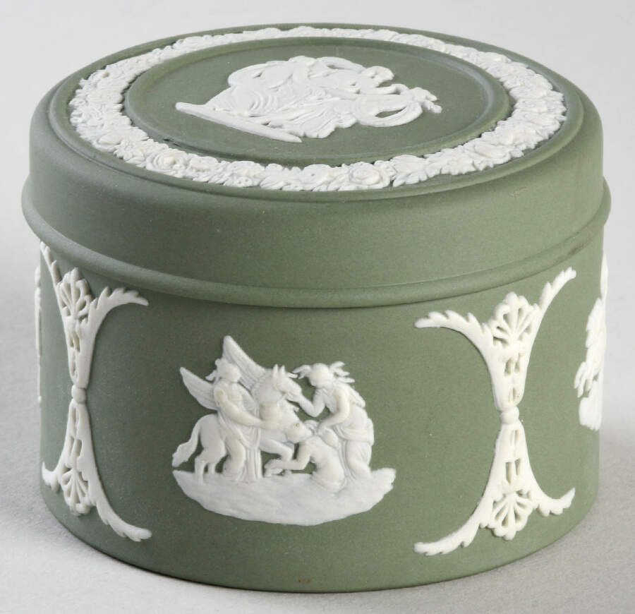 Cream Color on Celadon Jasperware 2" Round Box & Lid by Wedgwood-1