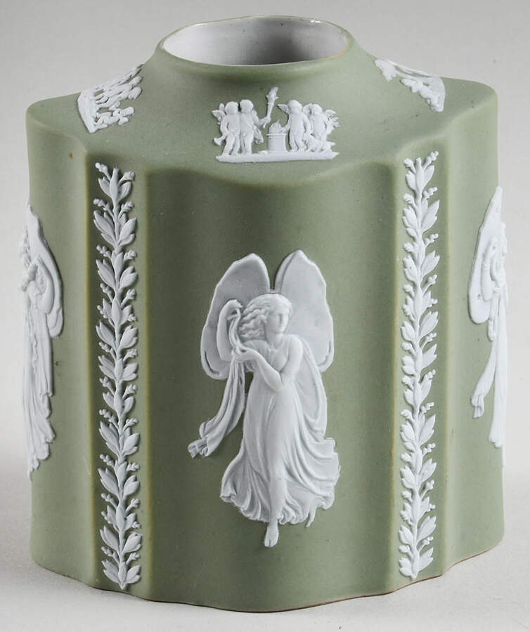 Cream Color on Celadon Jasperware Tea Caddy No Lid by Wedgwood-1