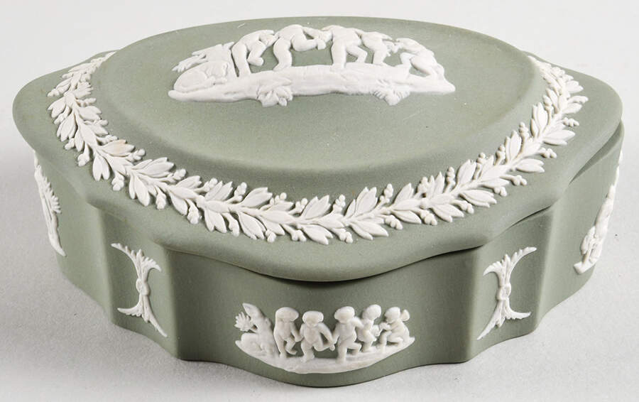 Cream Color on Celadon Jasperware Silver/Candy Box with Lid by Wedgwood-1