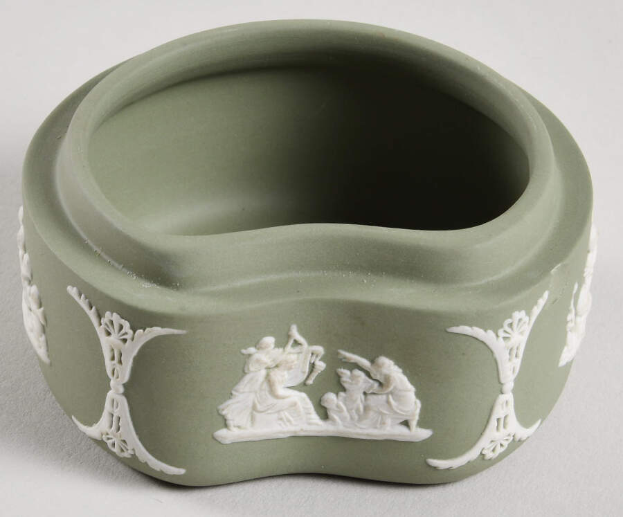 Cream Color on Celadon Jasperware Bean Box No Lid by Wedgwood-1