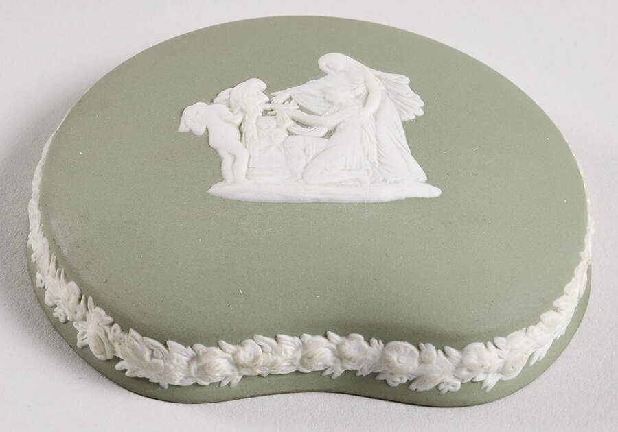 Cream Color on Celadon Jasperware Lid for Bean Box by Wedgwood-1