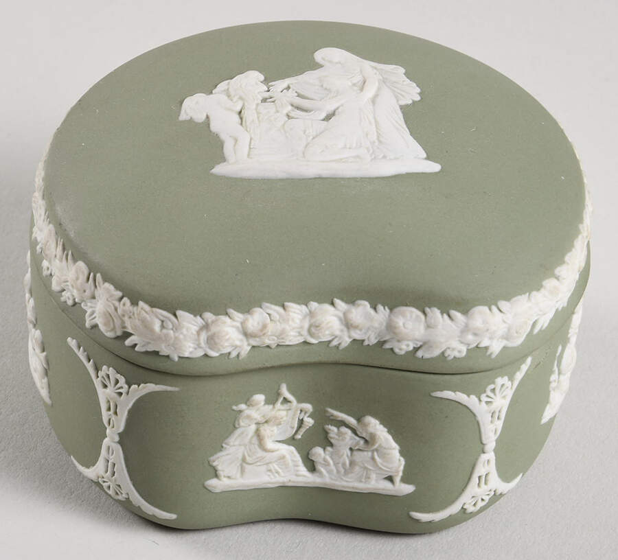 Cream Color on Celadon Jasperware Bean Box & Lid by Wedgwood-1