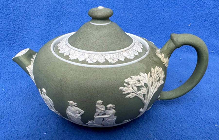 Cream Color on Celadon Jasperware Individual Teapot & Lid by Wedgwood-1
