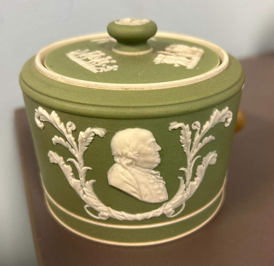 Cream Color on Celadon Jasperware Sugar Box & Lid by Wedgwood-1