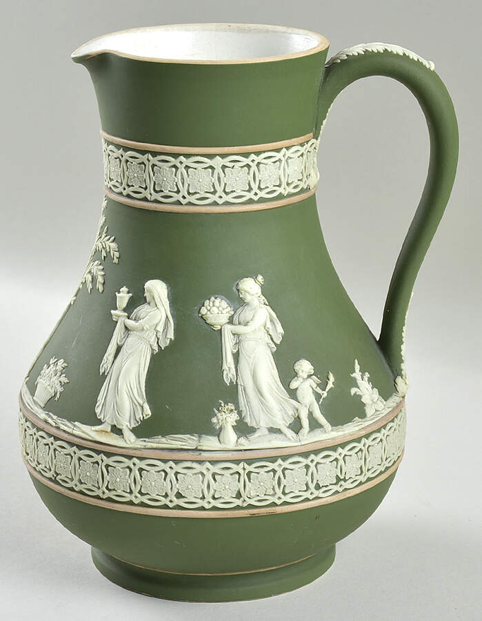 Cream Color on Celadon Jasperware 8" Etruscan Jug by Wedgwood-1