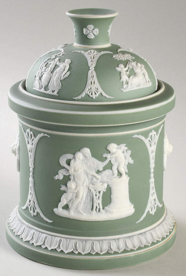 Cream Color on Celadon Jasperware Tobacco Jar & Lid by Wedgwood-1