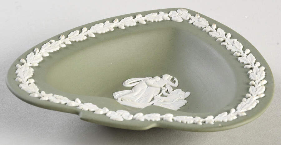 Cream Color on Celadon Jasperware Small Spade Shape Ashtray by Wedgwood-1