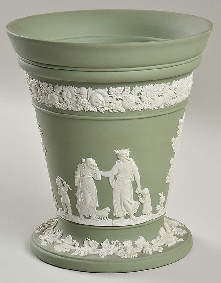 Cream Color on Celadon Jasperware 6" Vase No Grid/Frog by Wedgwood-1