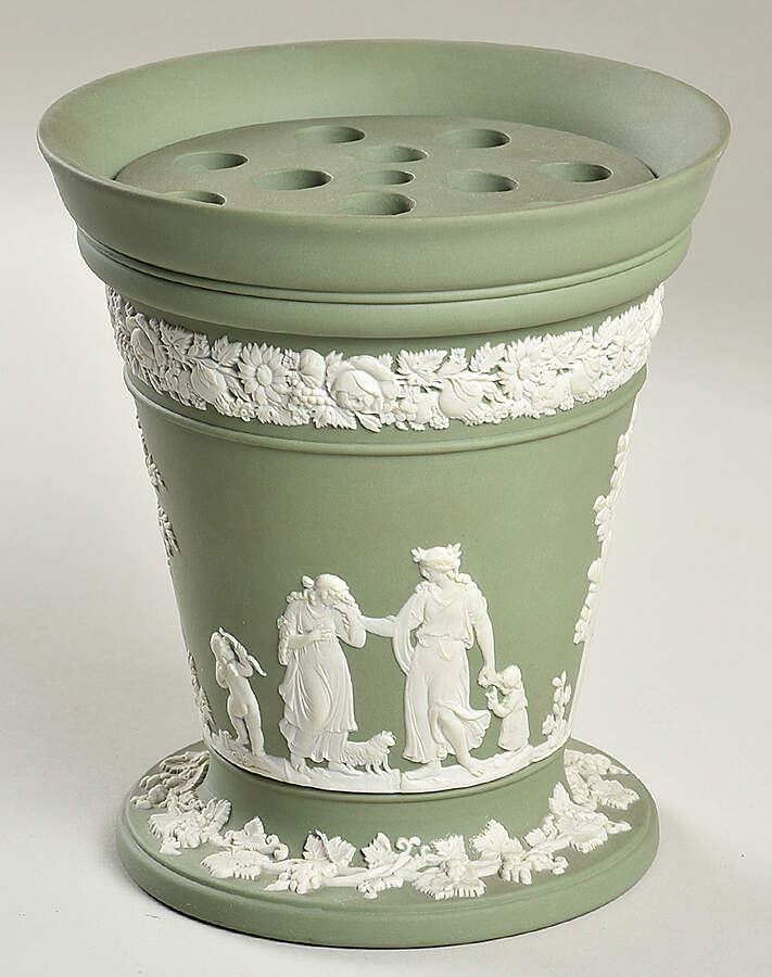 Cream Color on Celadon Jasperware 6" Vase & Grid/Frog by Wedgwood-1