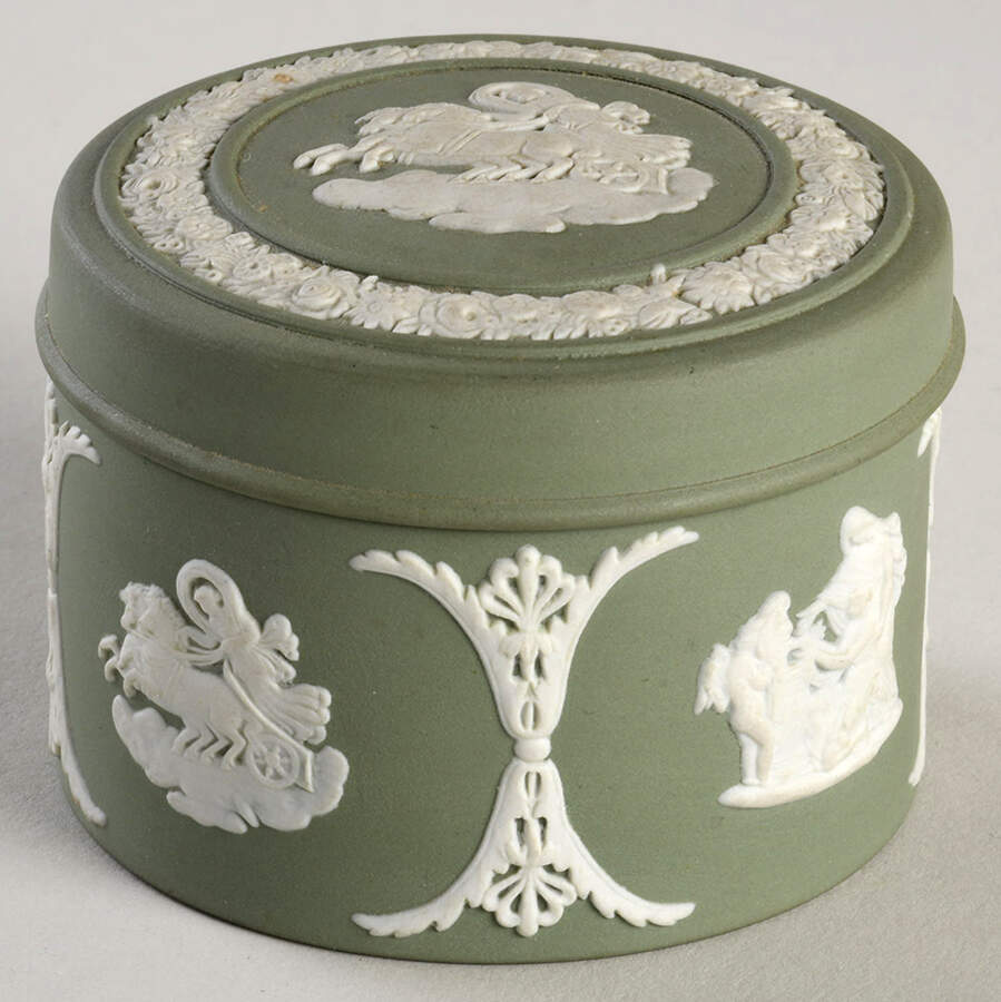 Cream Color on Celadon Jasperware 2" Round Box & Lid by Wedgwood-1