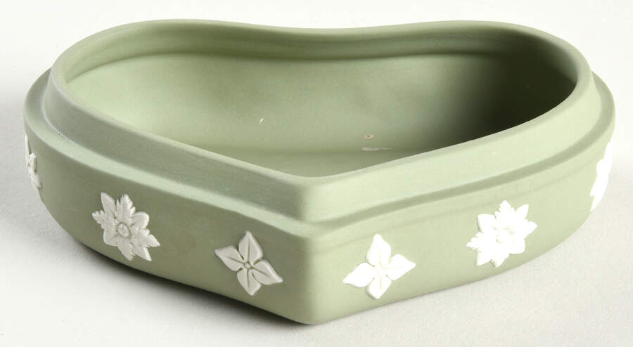 Cream Color on Celadon Jasperware Heart Shape Box No Lid by Wedgwood-1