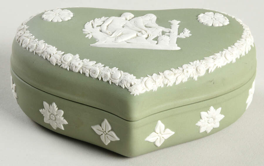 Cream Color on Celadon Jasperware Heart Shape Box & Lid by Wedgwood-1