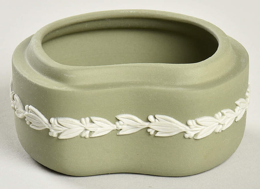 Cream Color on Celadon Jasperware Bean Box No Lid by Wedgwood-1