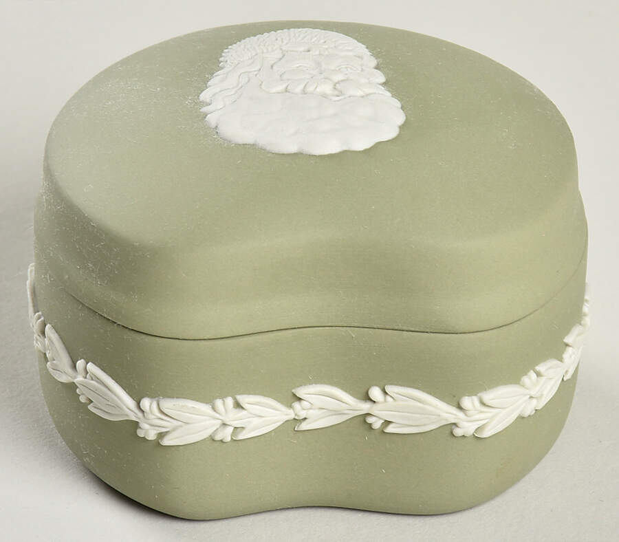 Cream Color on Celadon Jasperware Bean Box & Lid by Wedgwood-1