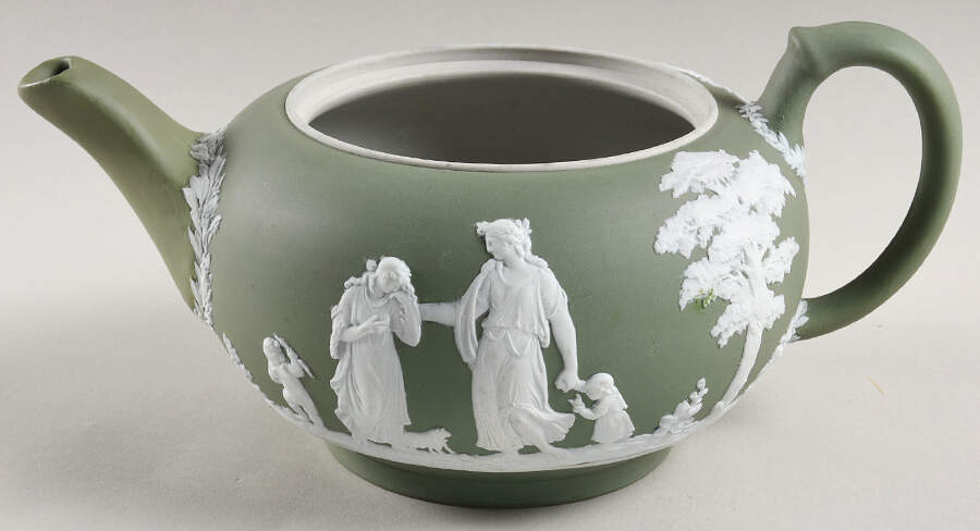 Cream Color on Celadon Jasperware Teapot No Lid by Wedgwood-1