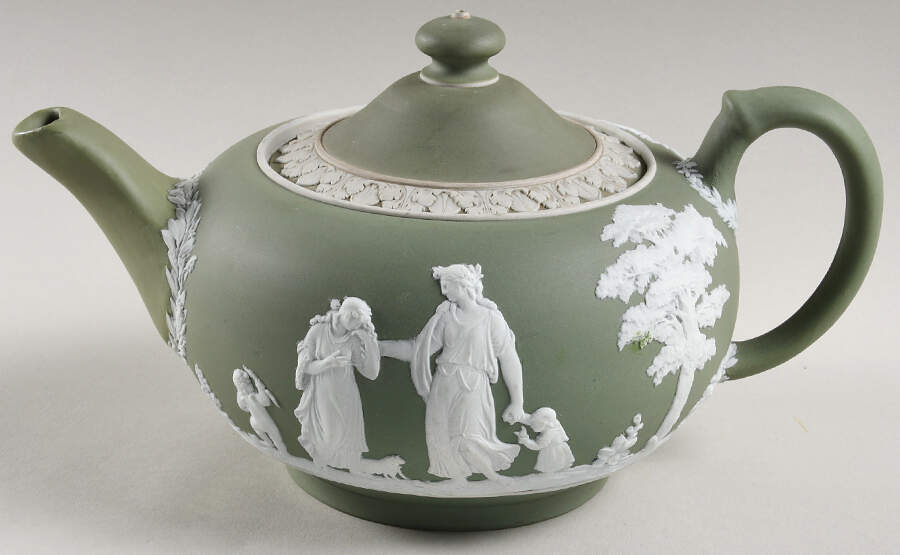 Cream Color on Celadon Jasperware Teapot & Lid by Wedgwood-1