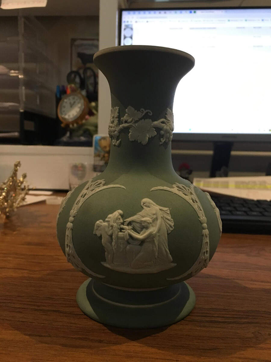 Cream Color on Celadon Jasperware 5" Bud Vase by Wedgwood-1