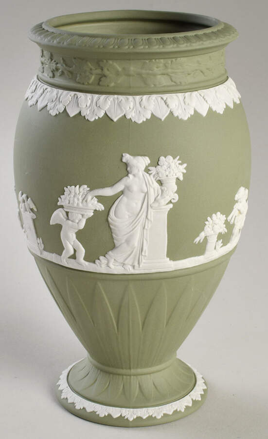 Cream Color on Celadon Jasperware Bountiful Vase by Wedgwood-1