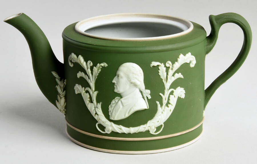 Cream Color on Celadon Jasperware Teapot No Lid by Wedgwood-1