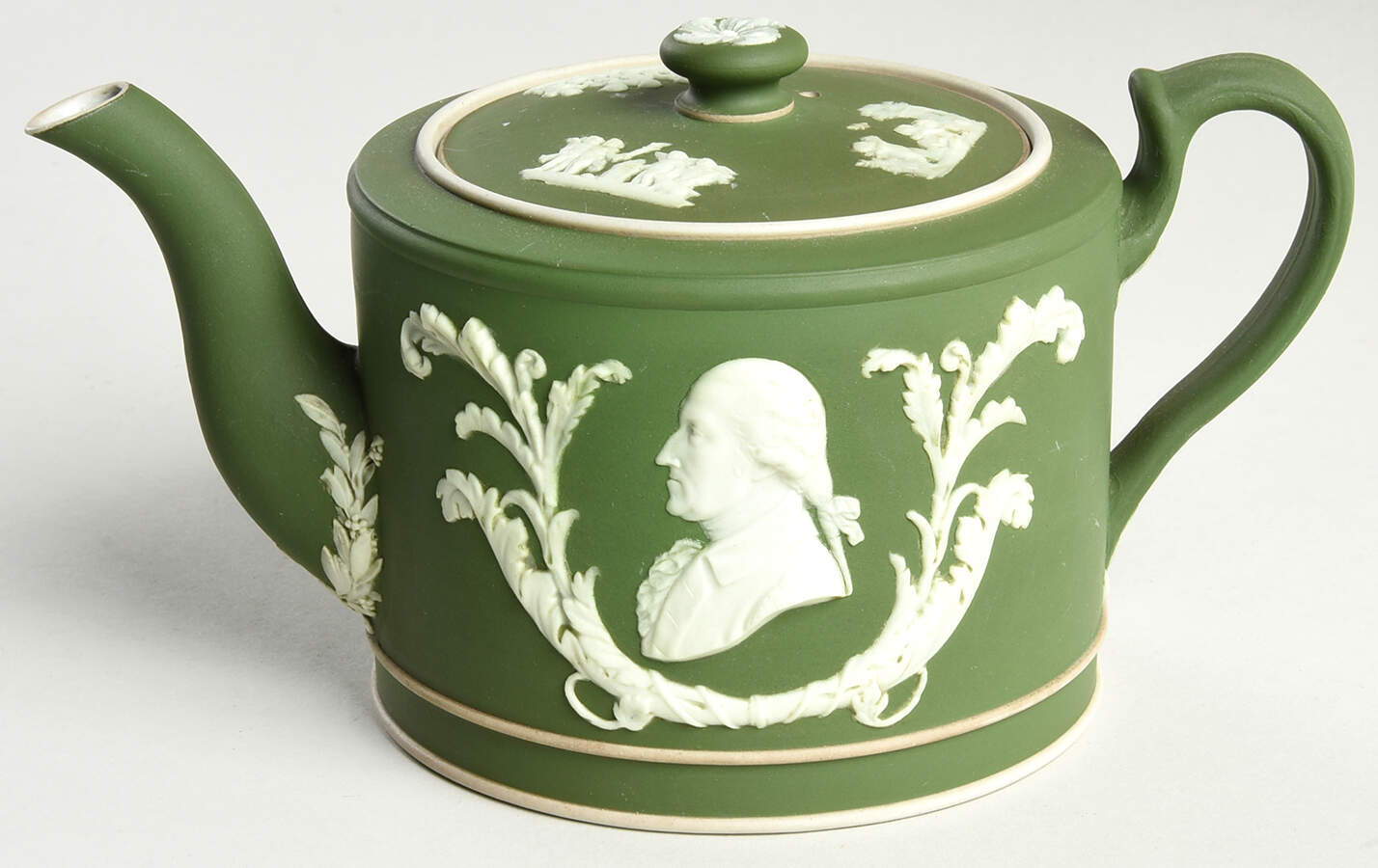 Cream Color on Celadon Jasperware Teapot & Lid by Wedgwood-1