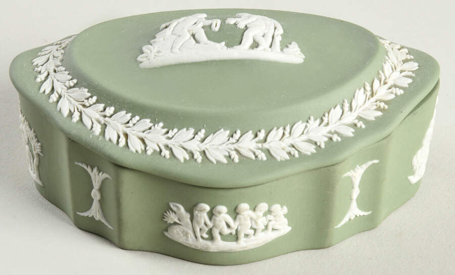Cream Color on Celadon Jasperware Silver/Candy Box & Lid by Wedgwood-1