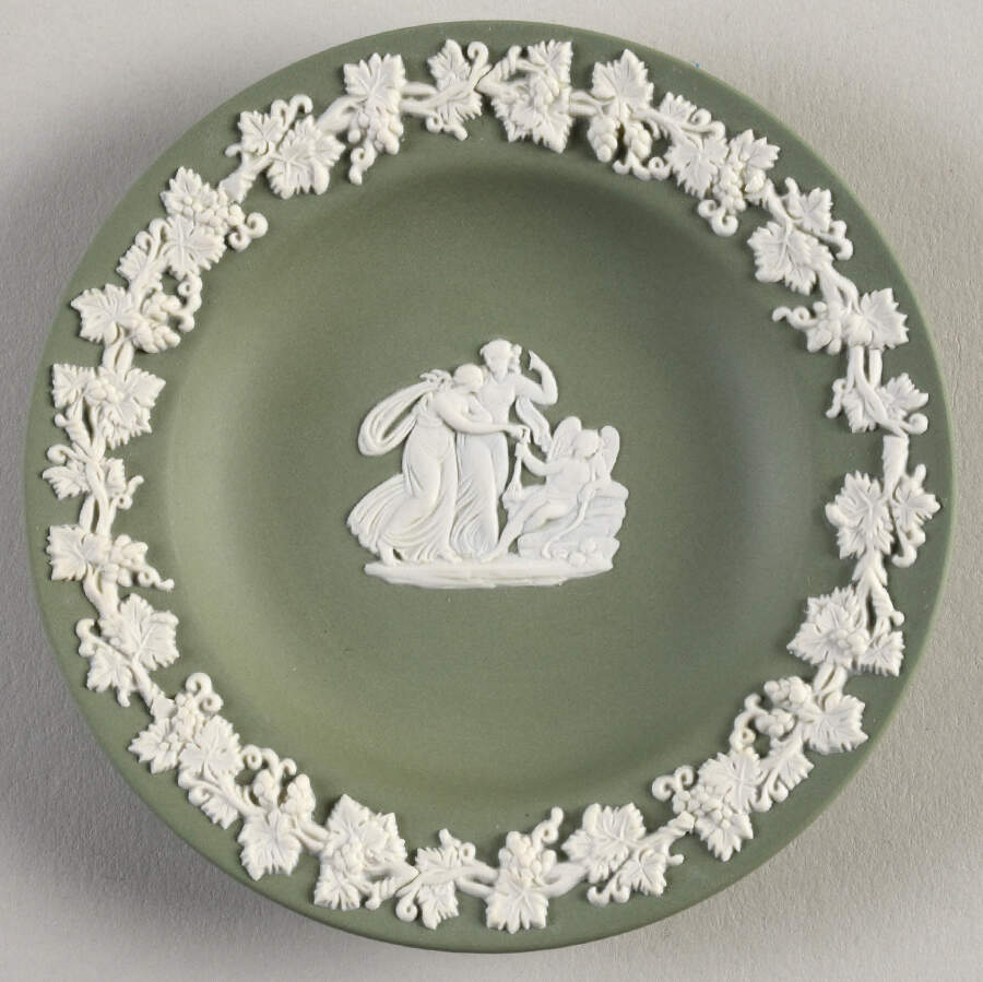Cream Color on Celadon Jasperware 4" Round Tray by Wedgwood-1