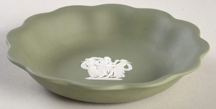 Cream Color on Celadon Jasperware Round Scalloped Compotier by Wedgwood-1