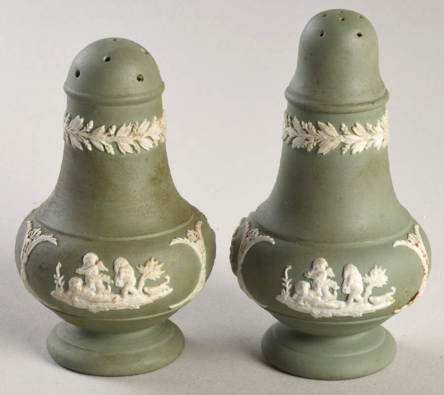 Cream Color on Celadon Jasperware Salt & Pepper Set by Wedgwood-1