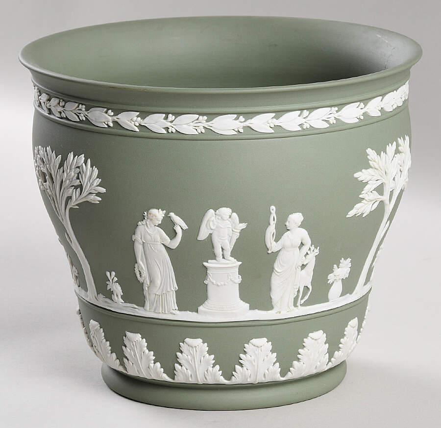 Cream Color on Celadon Jasperware 7" Arcadian Jardiniere by Wedgwood-1