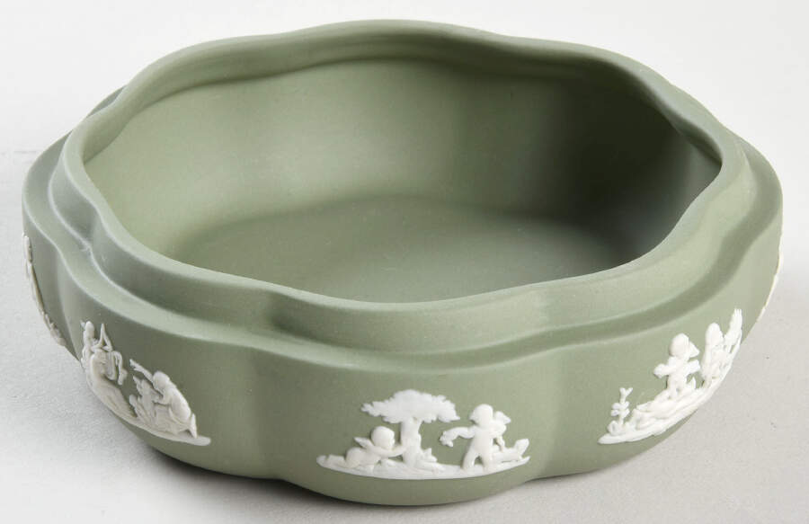 Cream Color on Celadon Jasperware Large Scalloped Candy Box-No Lid by Wedgwood-1