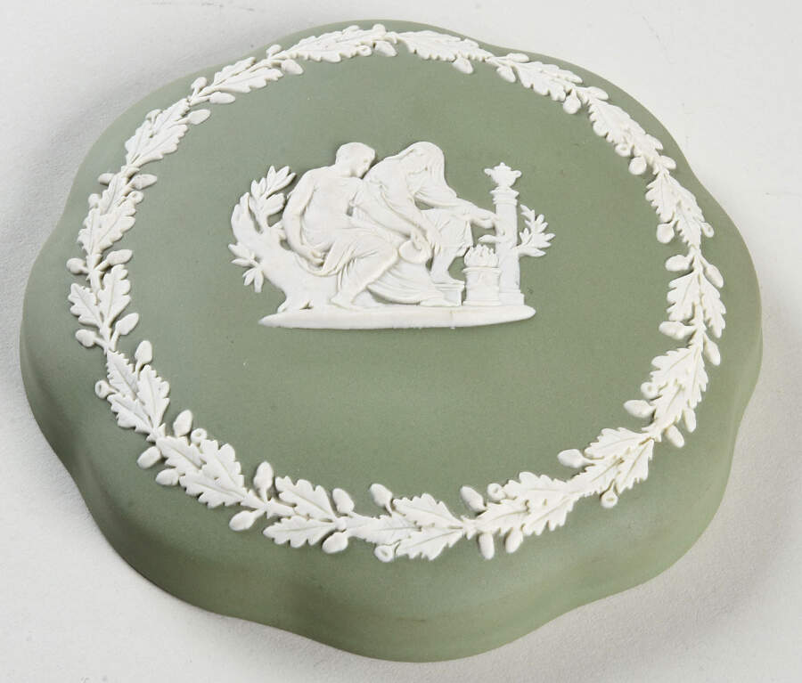 Cream Color on Celadon Jasperware Lid for Large Scalloped Candy Box by Wedgwood-1