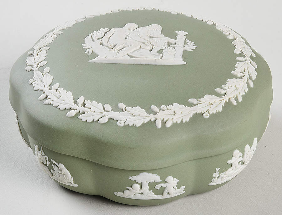 Cream Color on Celadon Jasperware Large Scalloped Candy Box & Lid by Wedgwood-1