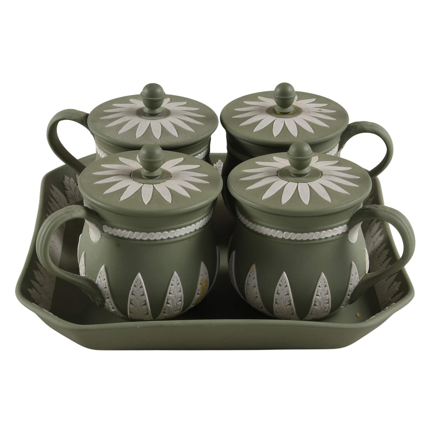 Cream Color on Celadon Jasperware Pot De Creme Set (Tray with 4 Pots) by Wedgwood-1