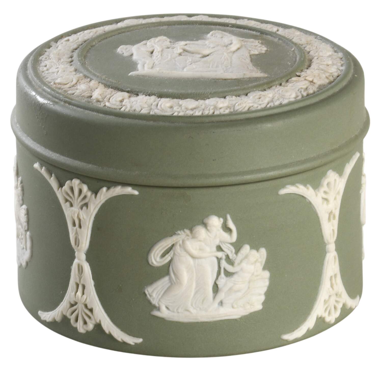 Cream Color on Celadon Jasperware Round Box & Lid by Wedgwood-1