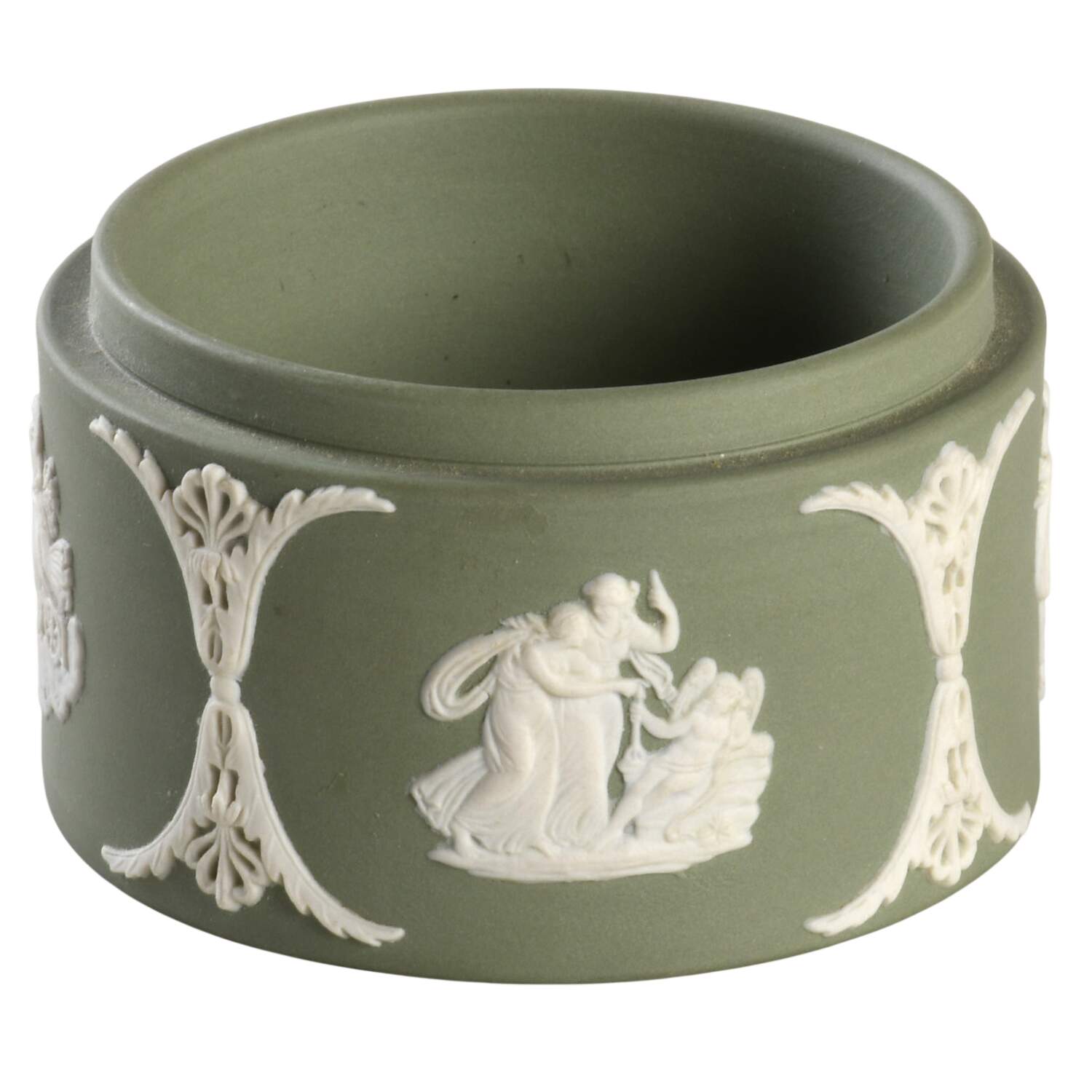 Cream Color on Celadon Jasperware Round Box No Lid by Wedgwood-1