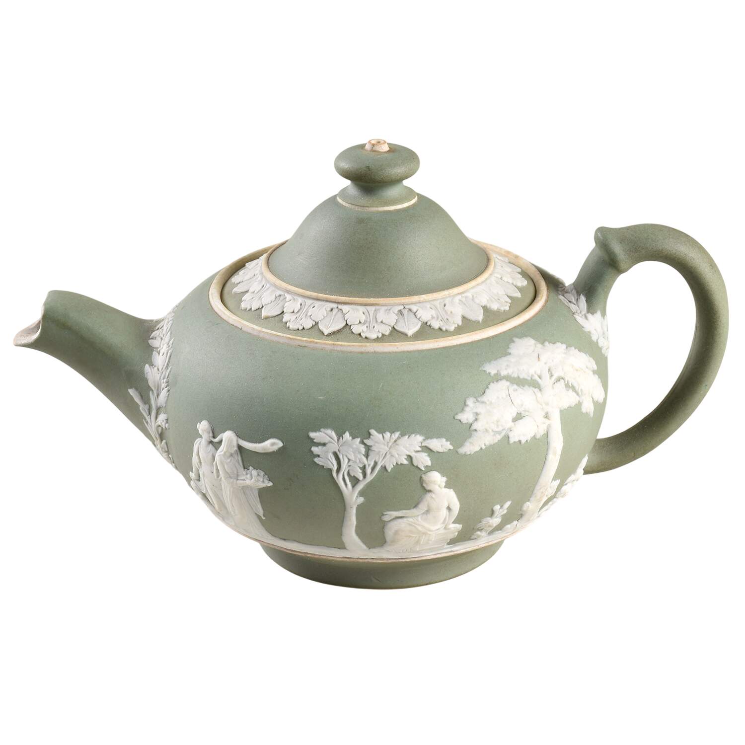 Cream Color on Celadon Jasperware Mini Teapot & Lid by Wedgwood-1