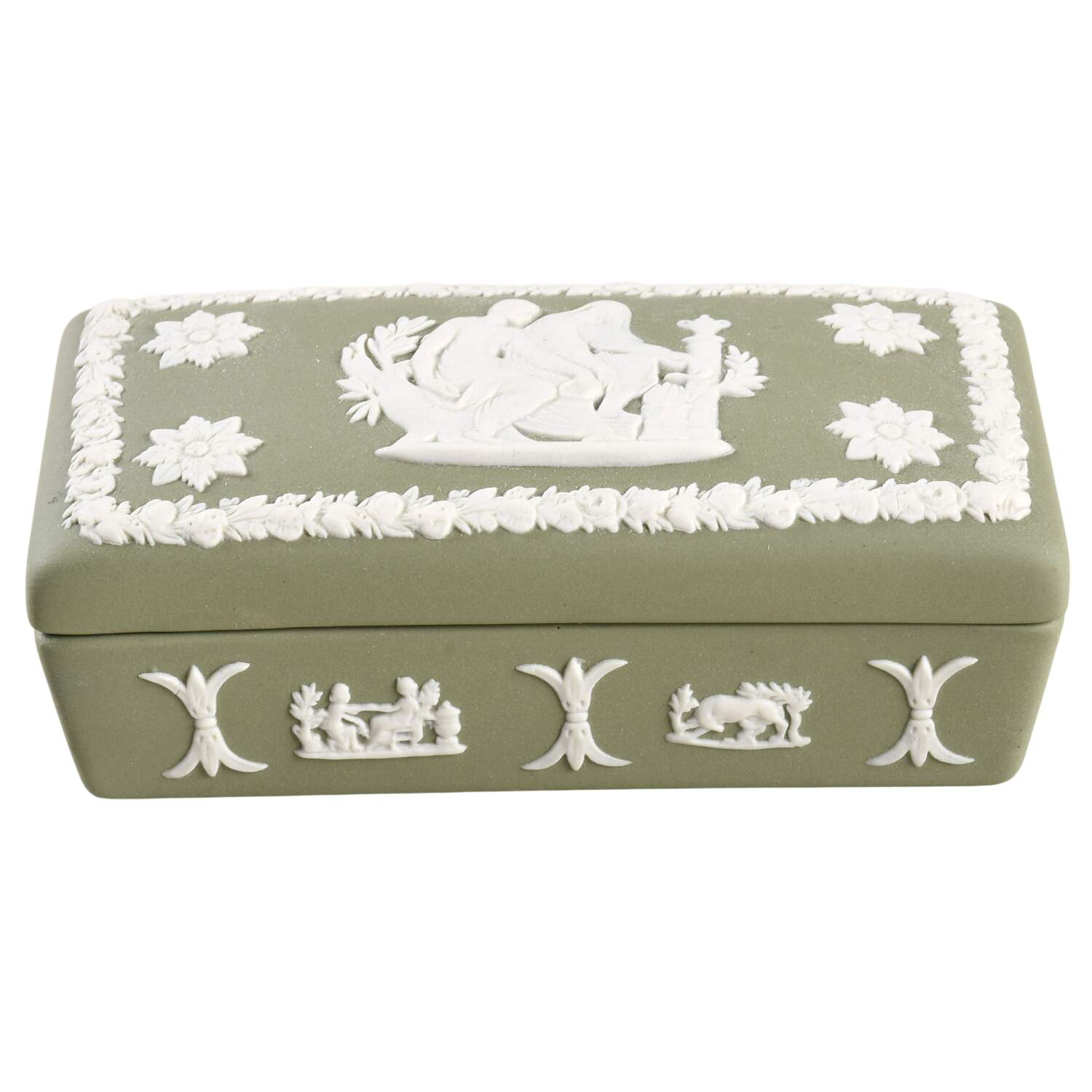 Cream Color on Celadon Jasperware 3" Rectangular Box & Lid by Wedgwood-1