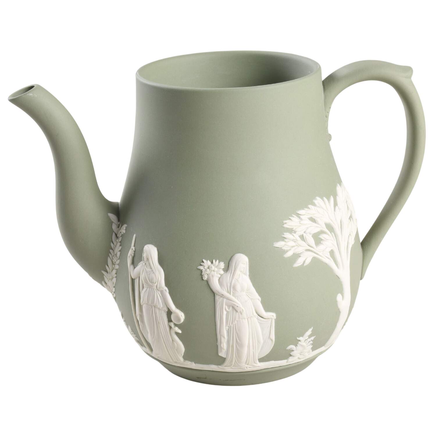 Cream Color on Celadon Jasperware Coffee Pot No Lid by Wedgwood-1