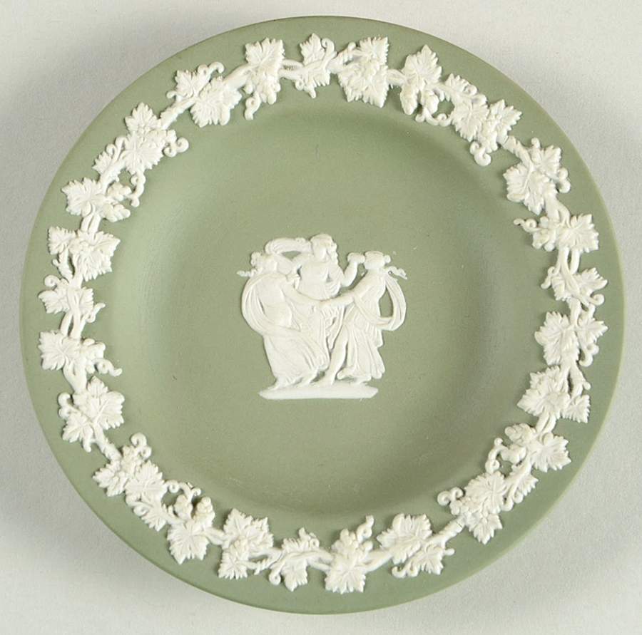 Cream Color on Celadon Jasperware 4" Round Tray by Wedgwood-1