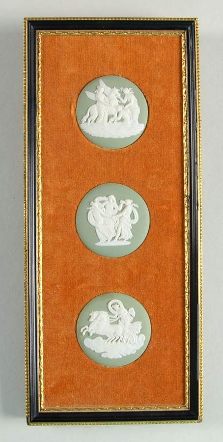 Cream Color on Celadon Jasperware Triple Plaque with Wood Frame by Wedgwood-1